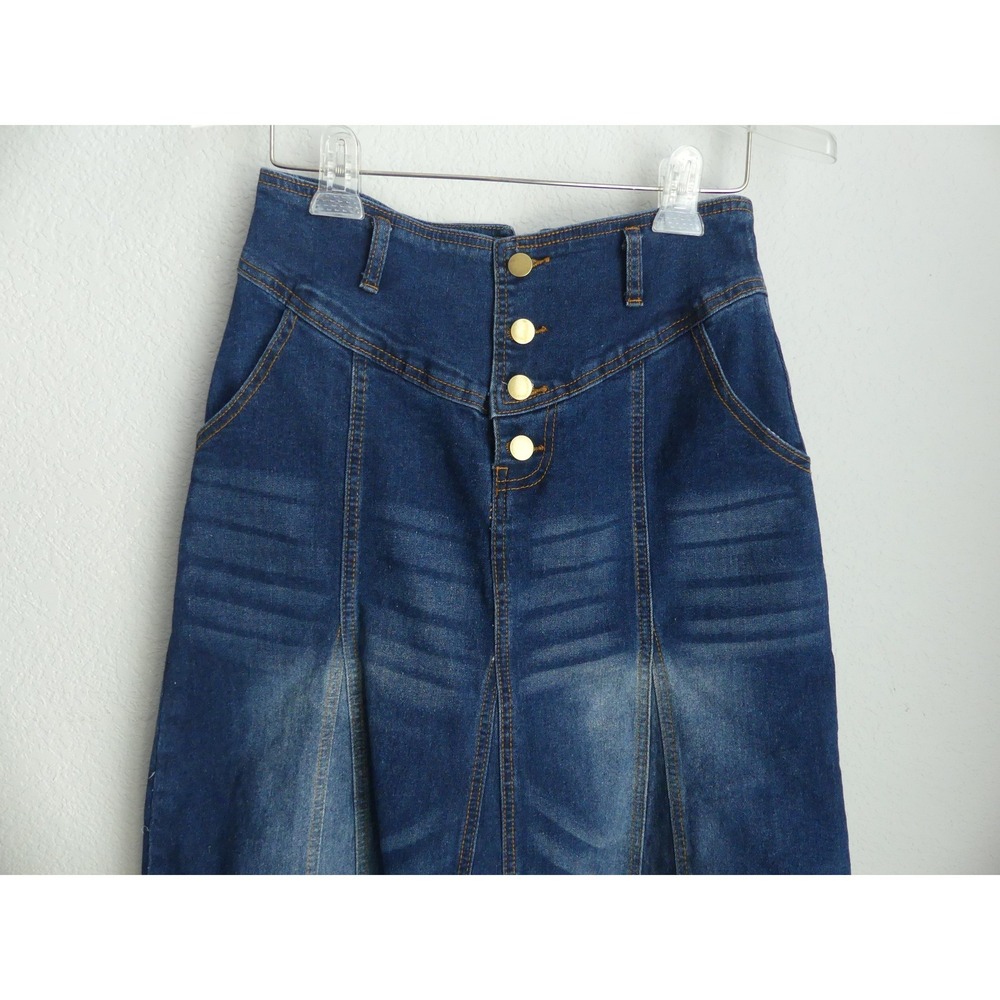 High Waisted Button Fly Denim Maxi Skirt Dark Wash Flare Medium Tulip Modest - Picture 2 of 6